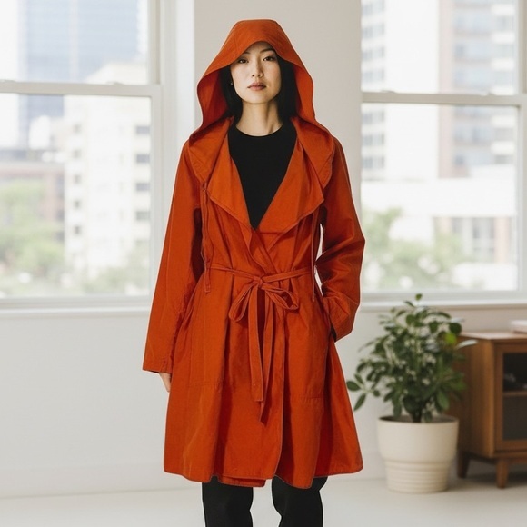 Eileen Fisher Hooded Lightweight A-Line Coat Jacket Red Orange SZ M - Picture 3 of 7